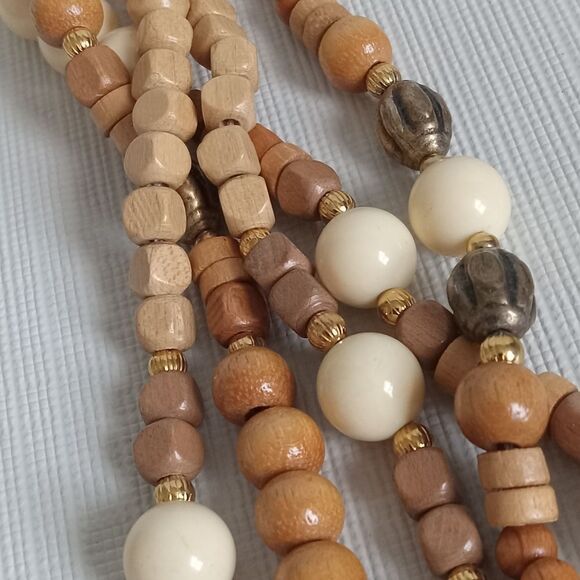 Vintage Tan & Beige Wooden & Metal Beads Multi Strand Layered Statement Necklace - Picture 6 of 9